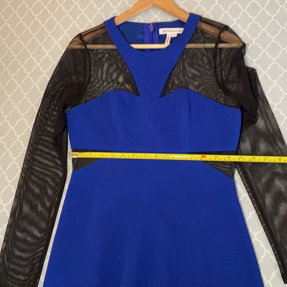 BCBG- Long Sleeves Bright Blue Mini Dress with Black Transparency - Picture 6 of 7